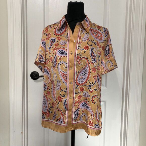 DR2 Womens Shirt S Yellow Paisley Satin Collared Short Sleeve Button Up NWT - Picture 1 of 6